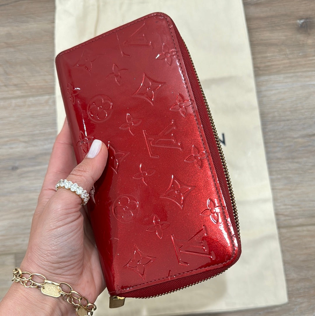 Patent red monogram wallet