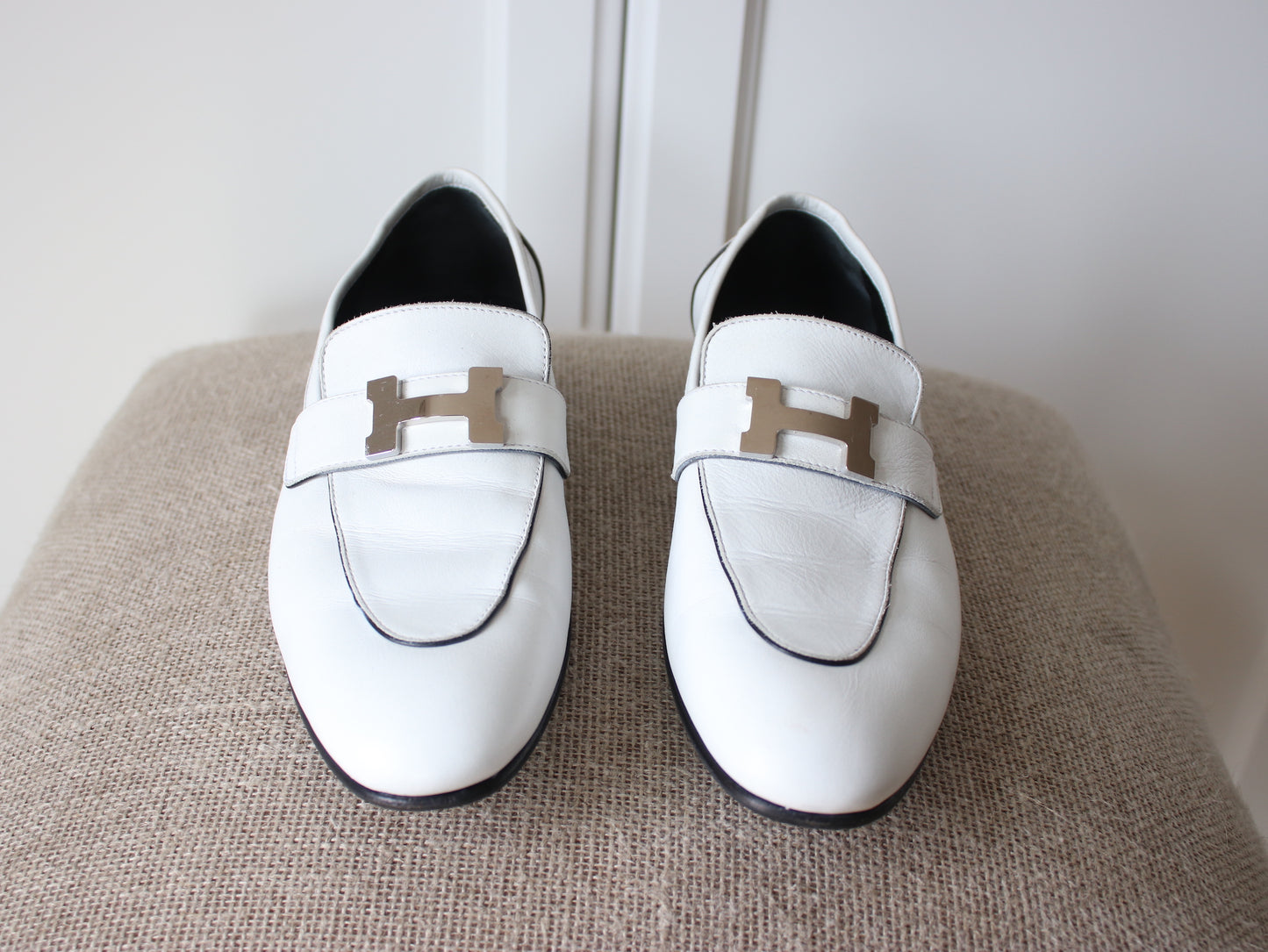 Hermes White Loafers, 38