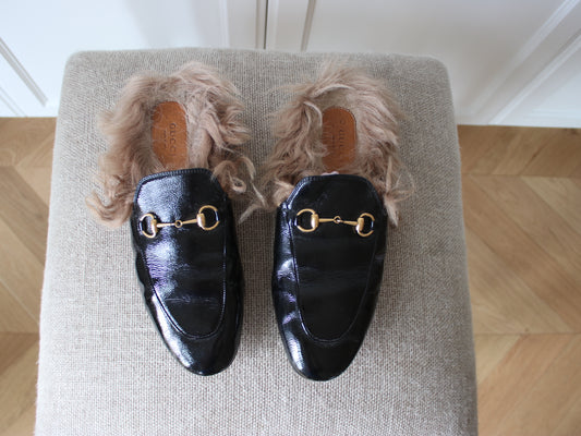 Gucci Princetown Patent Shearling Slippers, 38